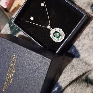 Emerald Halo Baguettes CZ Pendant Chain Rhodium Solid Sterling Silver & Studs